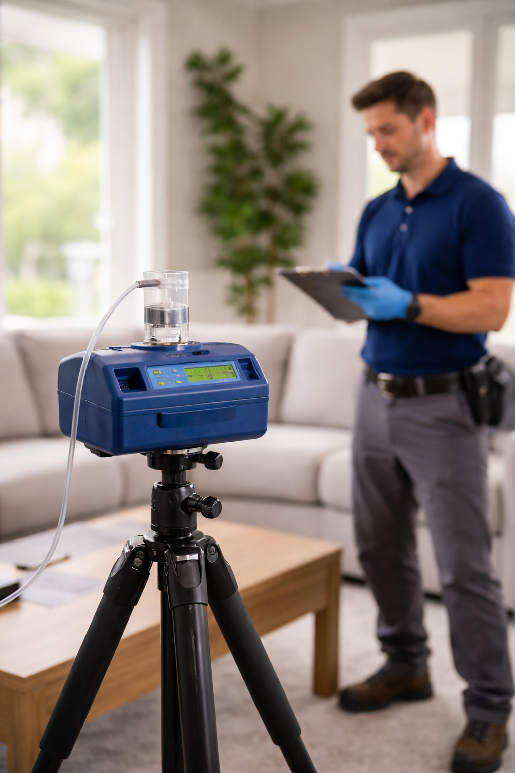 Person in protective gear sprays mold on a wall in a room; two containers and a brush on the floor.
