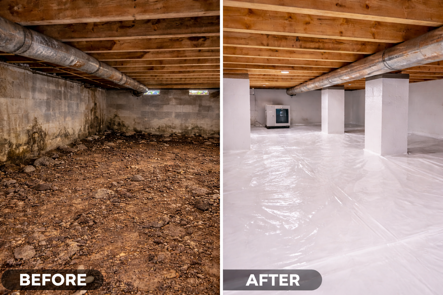 Construction site: unfinished interior with sand, plumbing, support beams, and exposed ceiling joists.