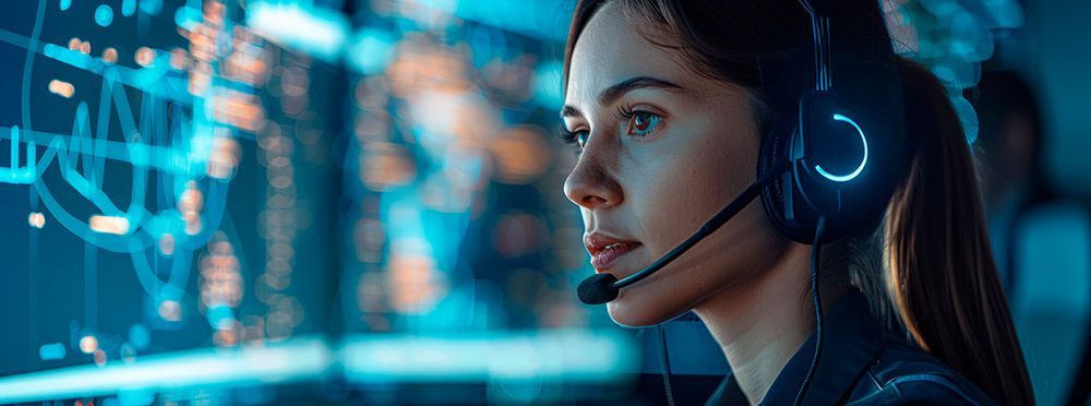 A woman wearing a headset is sitting in front of a computer screen.