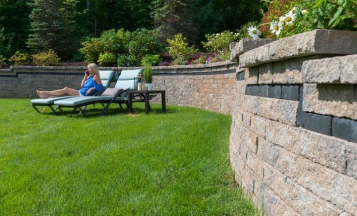 Retaining wall in back yard with grass and planting