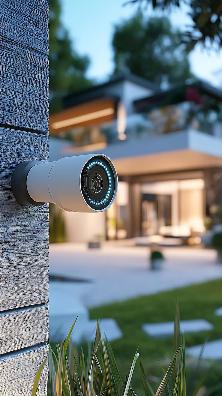 Security camera mounted on a brick wall, overlooking a backyard — On Guard Security & Communications In Central Coast, NSW