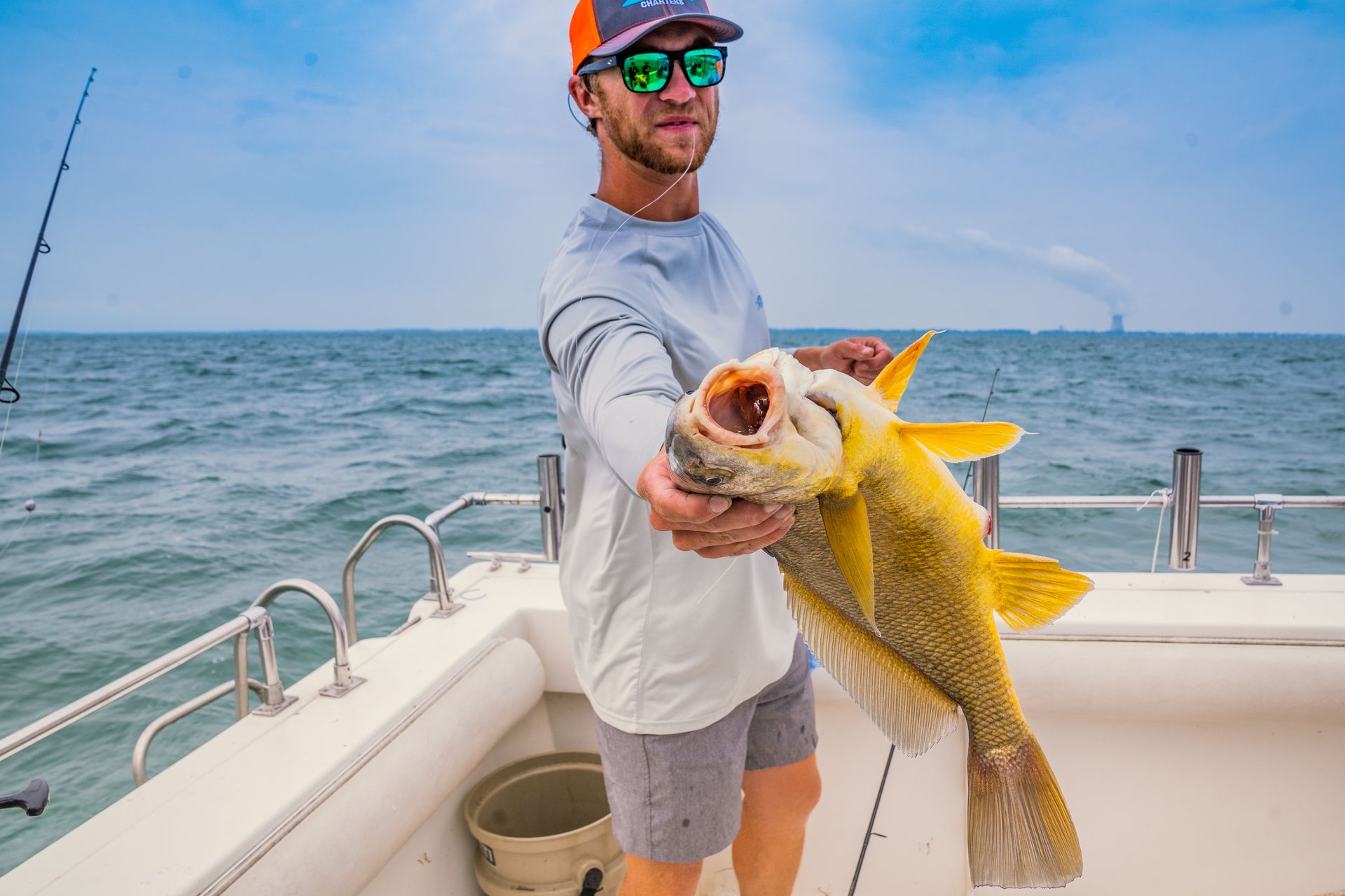 A man is holding a large fish on a boat.