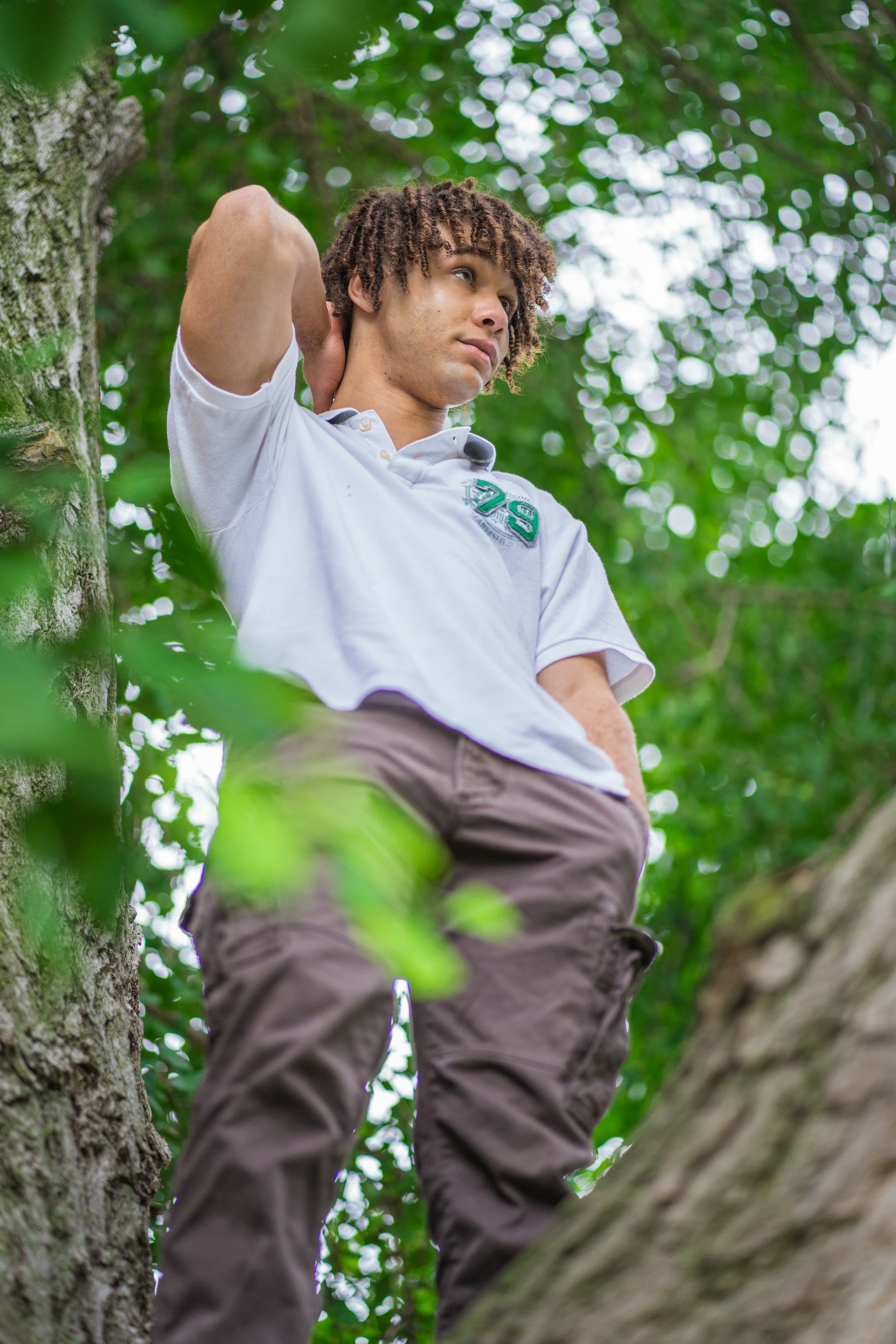 Young man standing high up in a tree