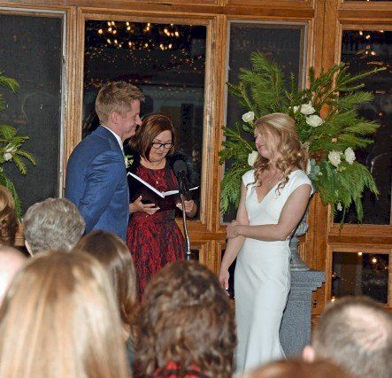 wedding ceremony inside the bedford village in New Hampshire
