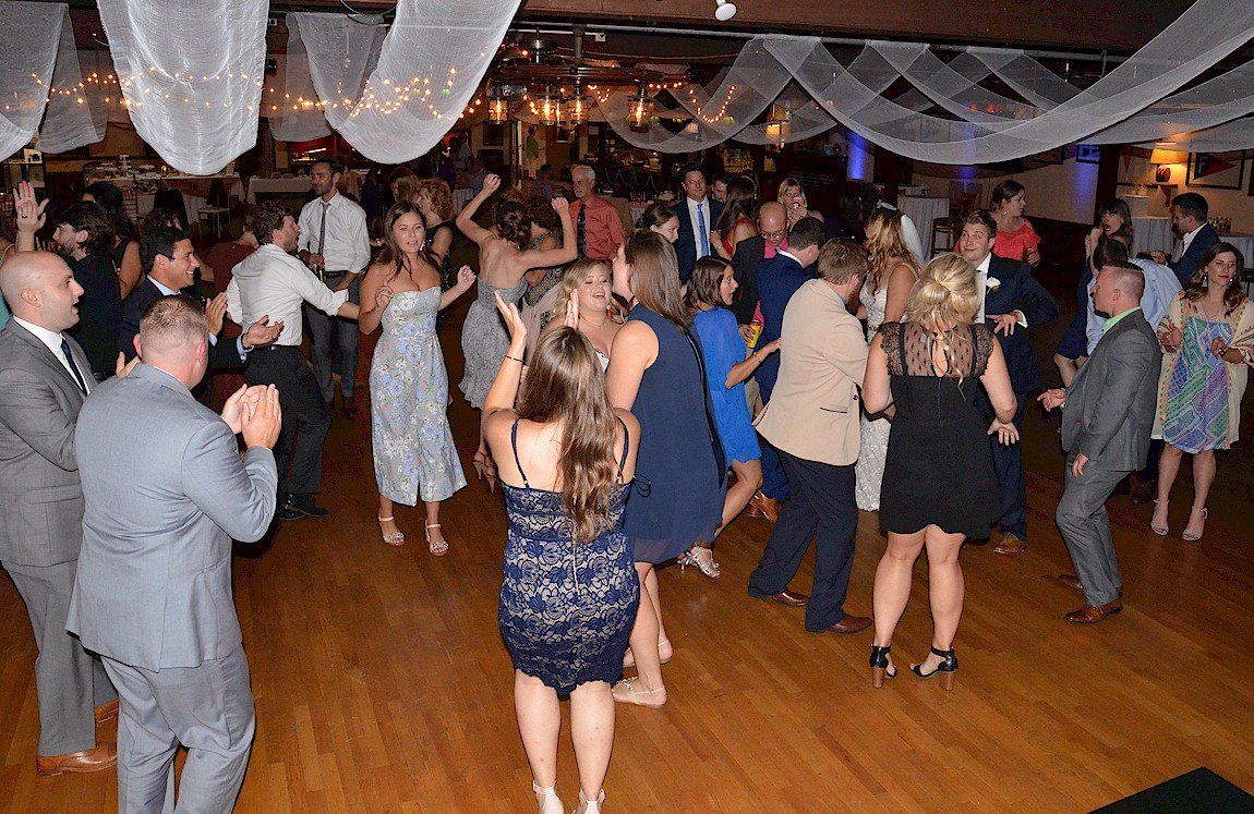 wedding guests dancing at Cottage Park Yacht Club, Winthrop, Massachusetts