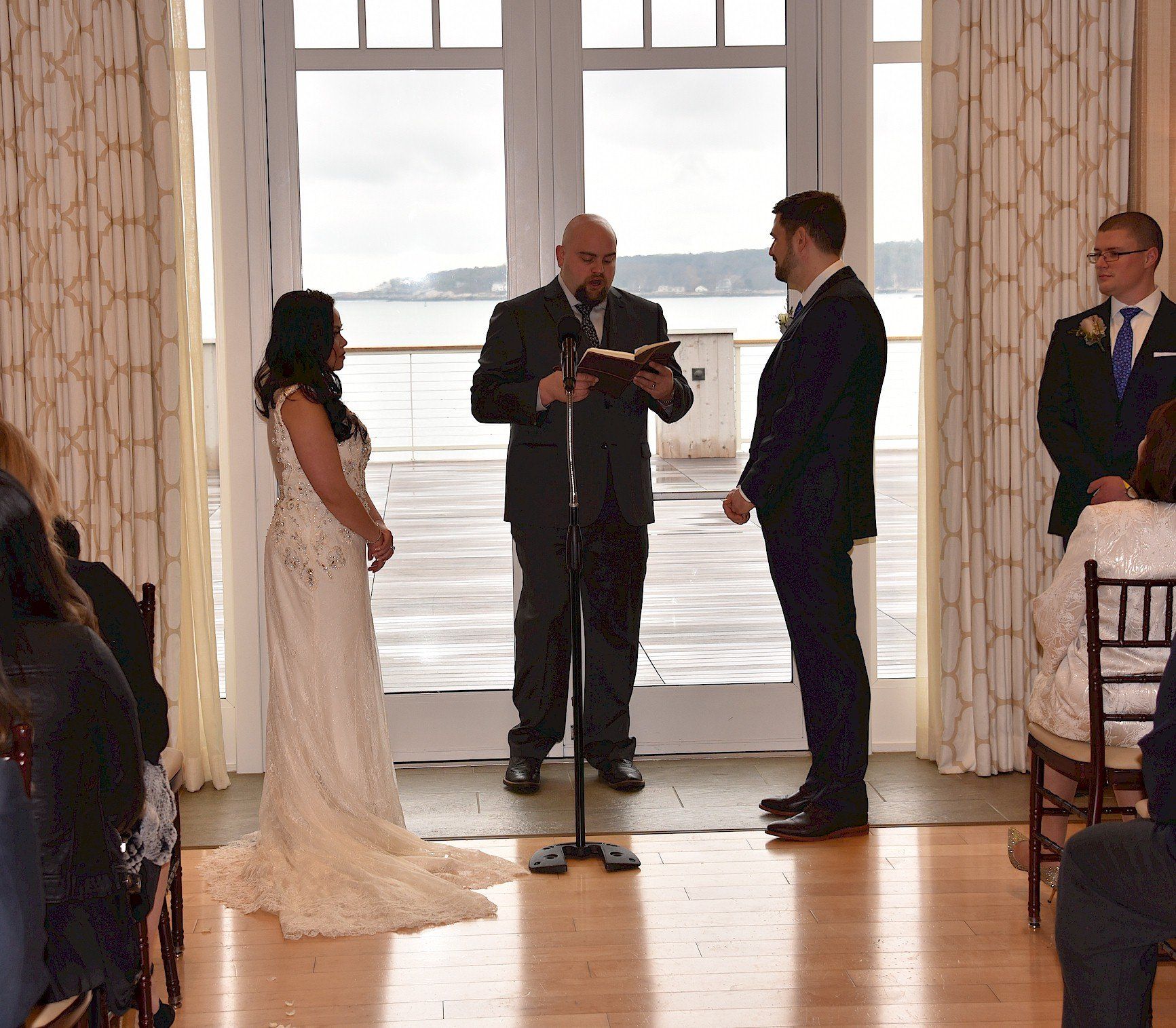 bride and groom Wedding Ceremony MA wedding DJ at Beauport Hotel, Gloucester, Massachusetts
