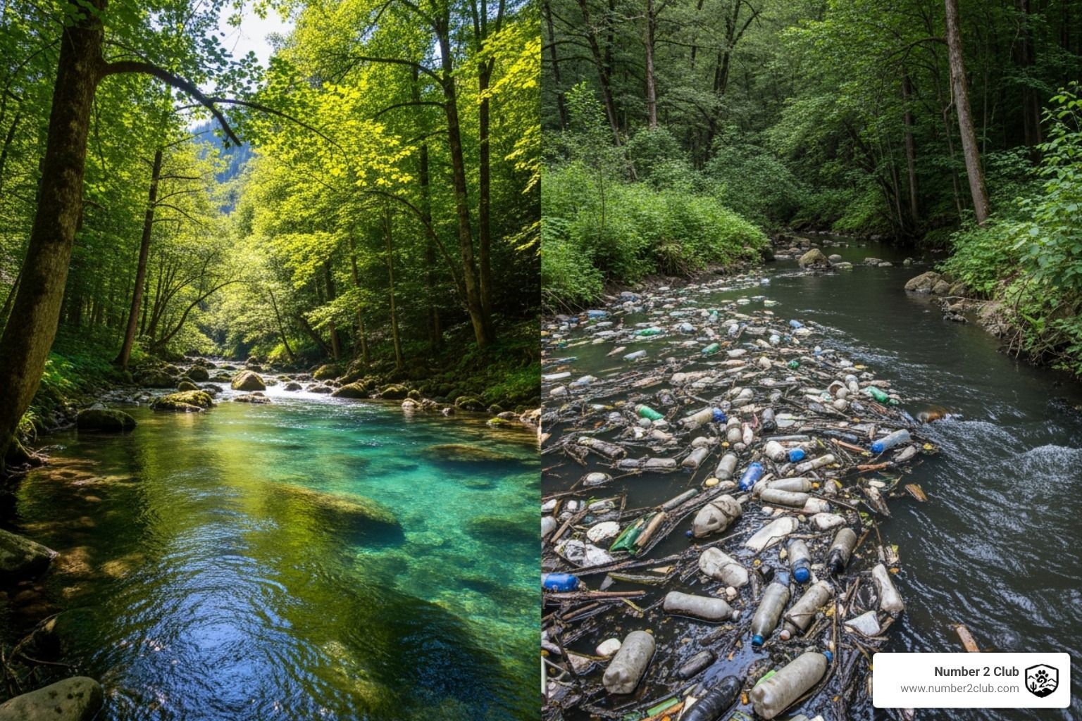 clear stream contrasted with polluted one - pick up after your pet