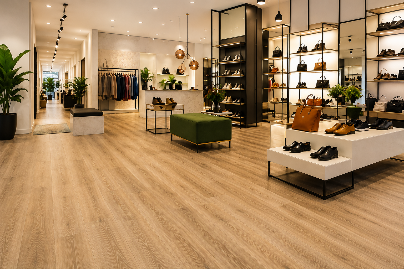 Commercial laminate flooring in a modern retail store by Picasso Laminate Flooring.
