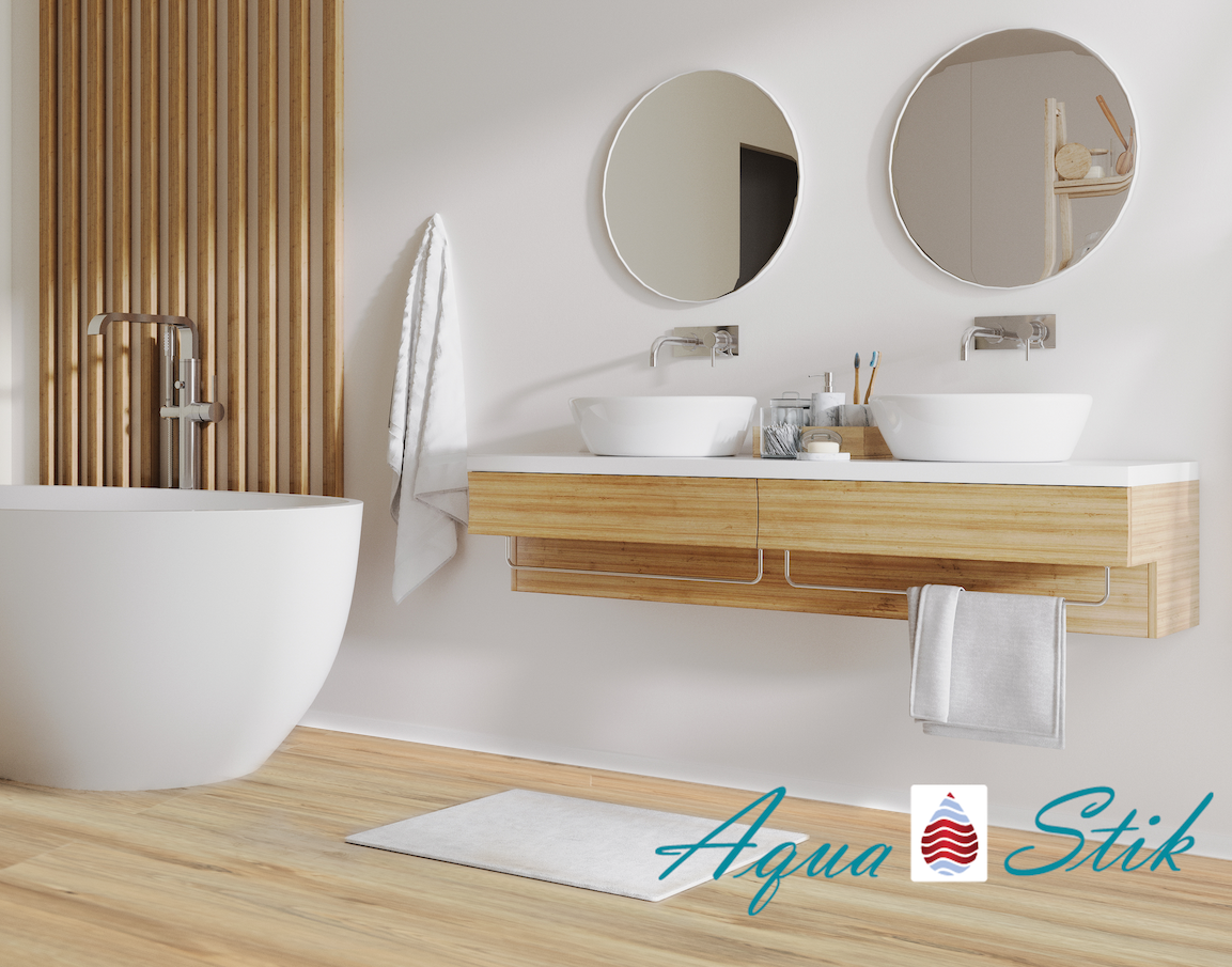 Aquaclick vinyl flooring with stone-look finish in a contemporary bathroom