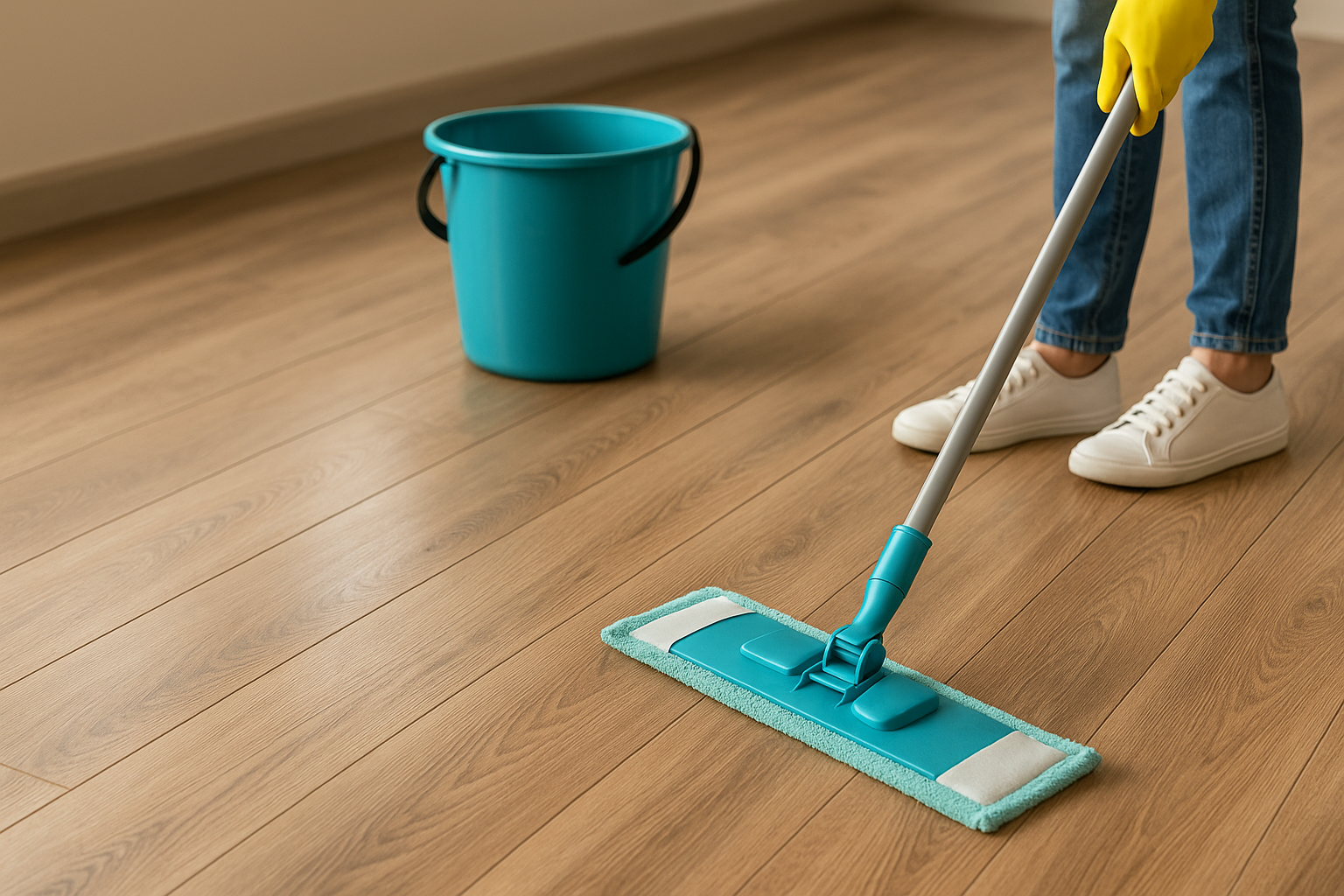 Person cleaning wood-look vinyl flooring with a damp mop