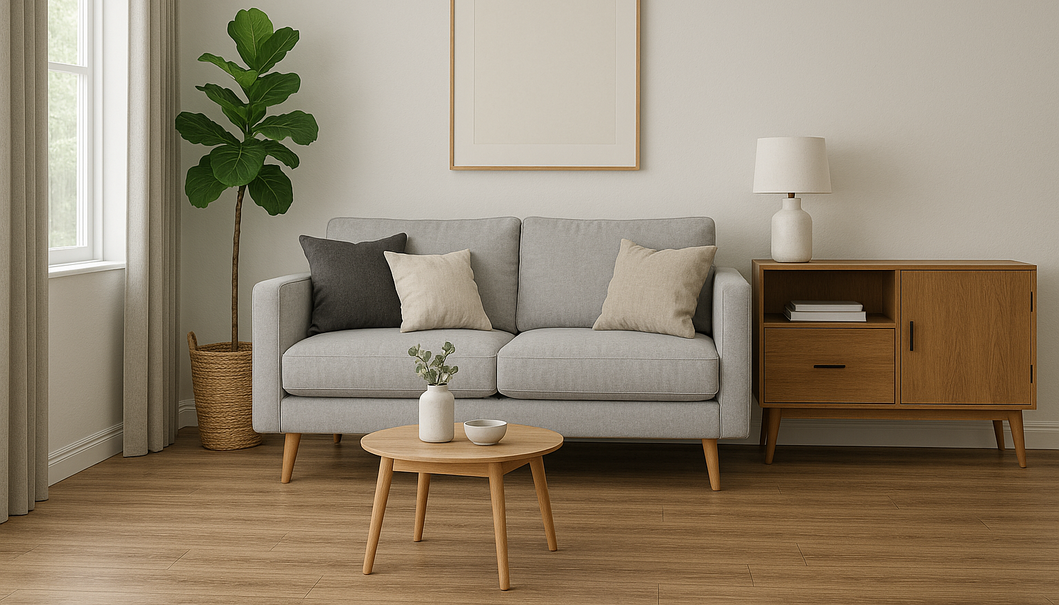 Modern open-plan living room with oak laminate flooring, showing how laminate flooring improves home