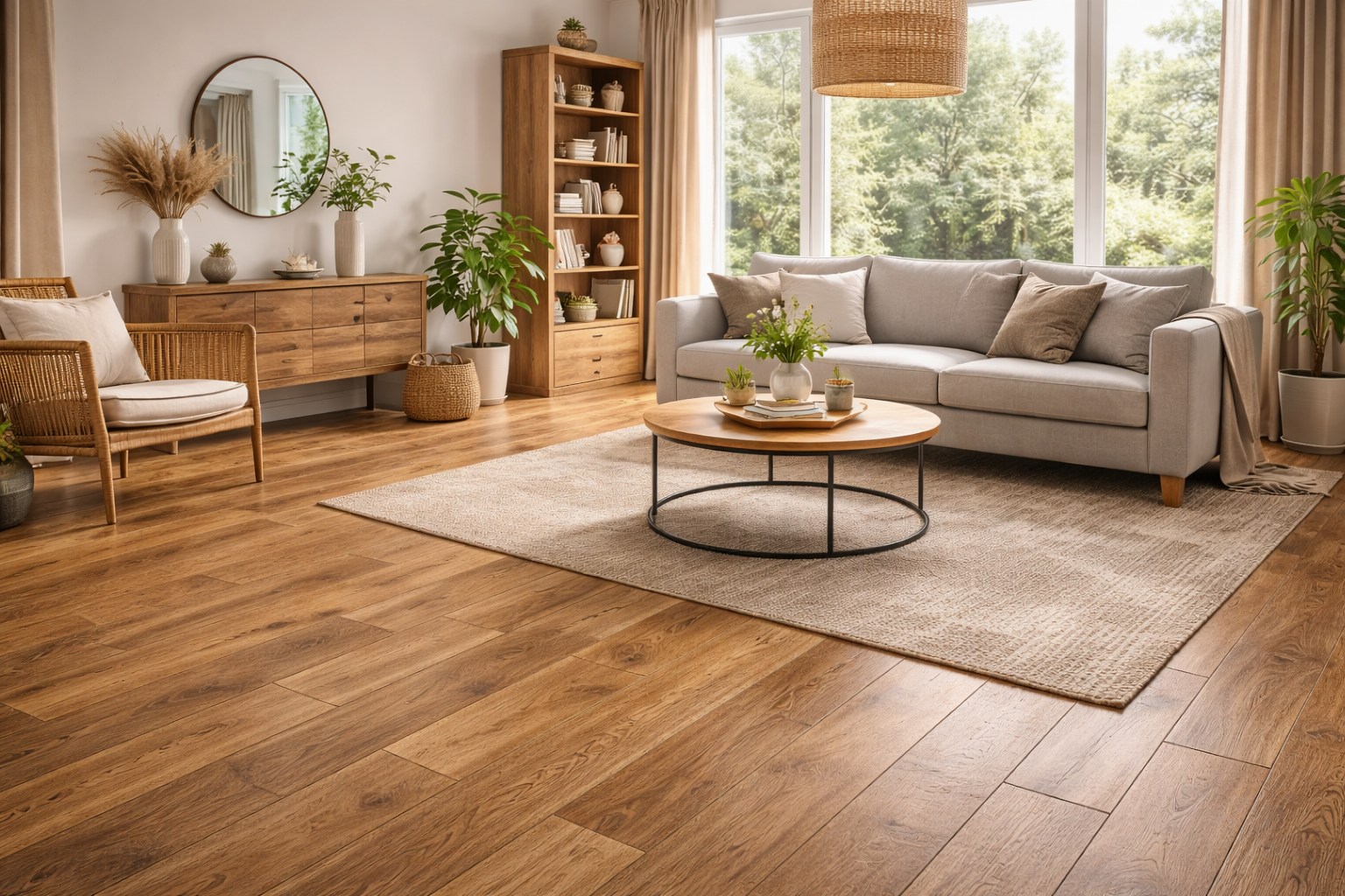 A bright living room with wood flooring, a light gray sofa, a wooden coffee table, rug, bookshelf, and house plants.
