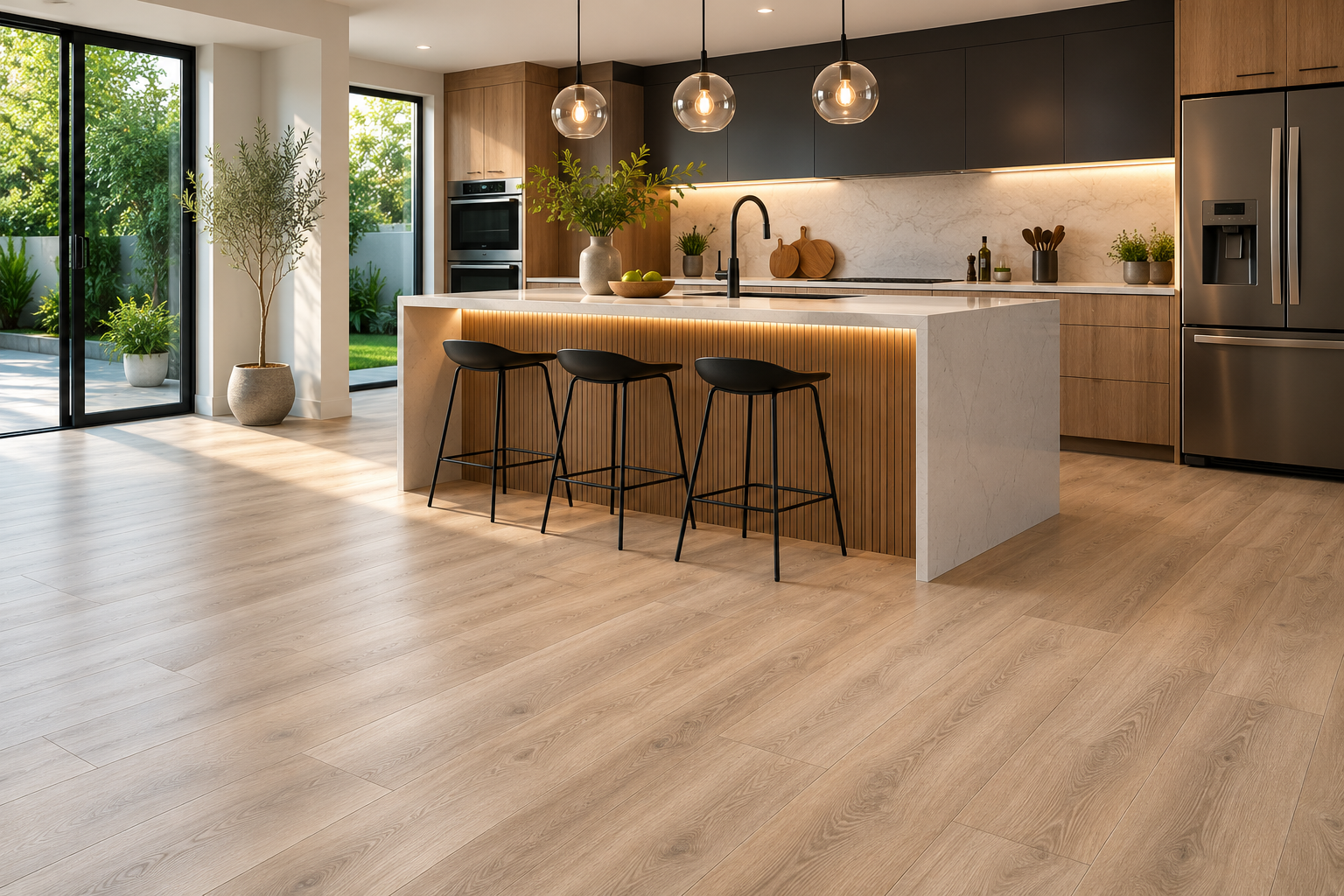 Modern kitchen with water resistant laminate flooring and natural light