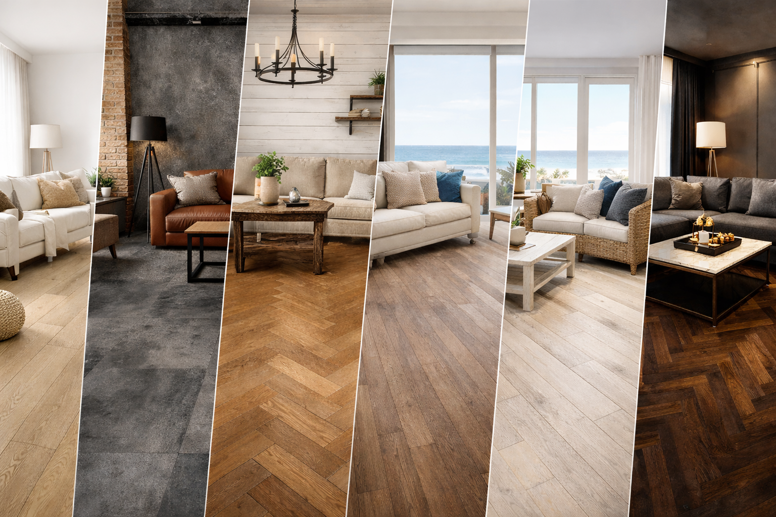 Modern vinyl flooring styles in Pretoria and Gauteng homes featuring oak, herringbone, concrete-look