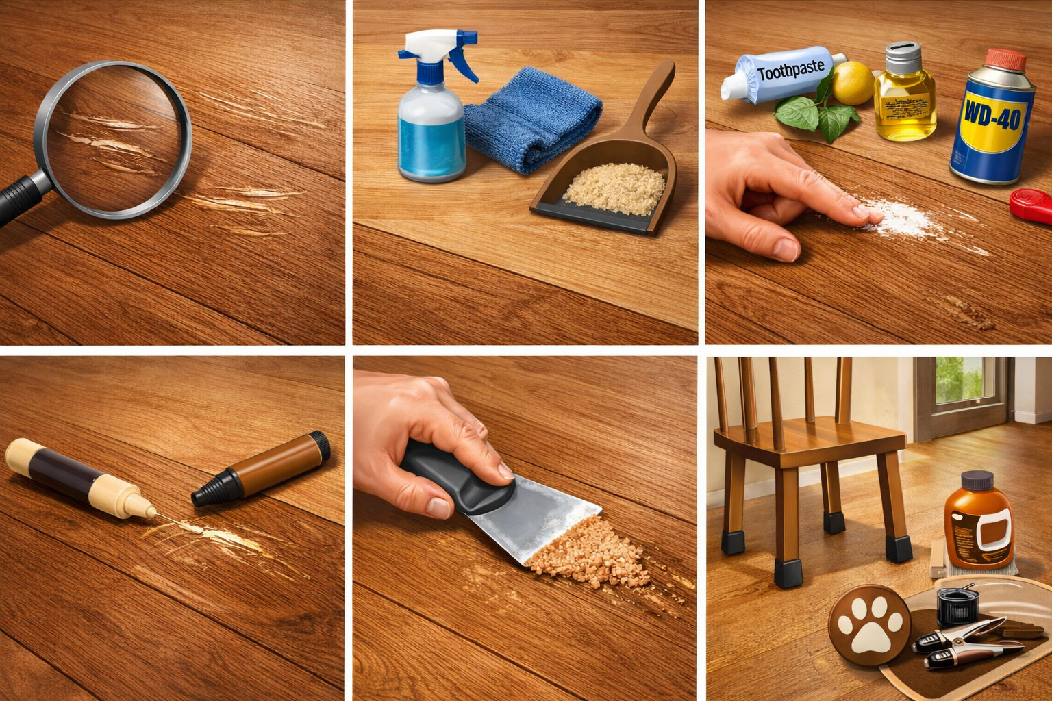 Laminate flooring scratch repair steps showing tools and fixing methods on wooden floor