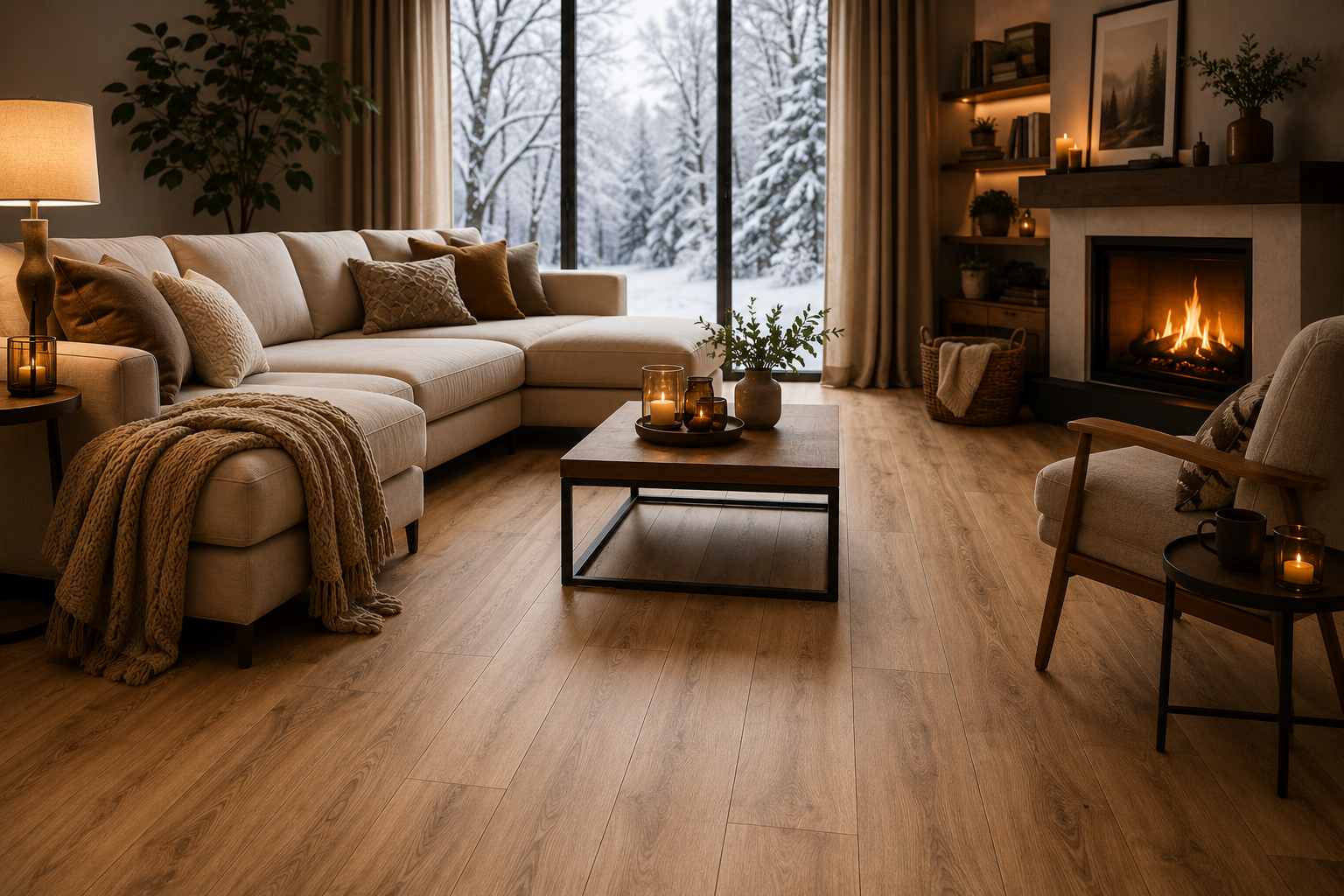 Warm modern living room with oak laminate flooring and cosy winter interior