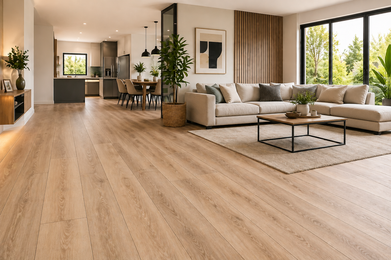 Modern laminate flooring living room in Gauteng home with light oak wood finish & stylish furniture