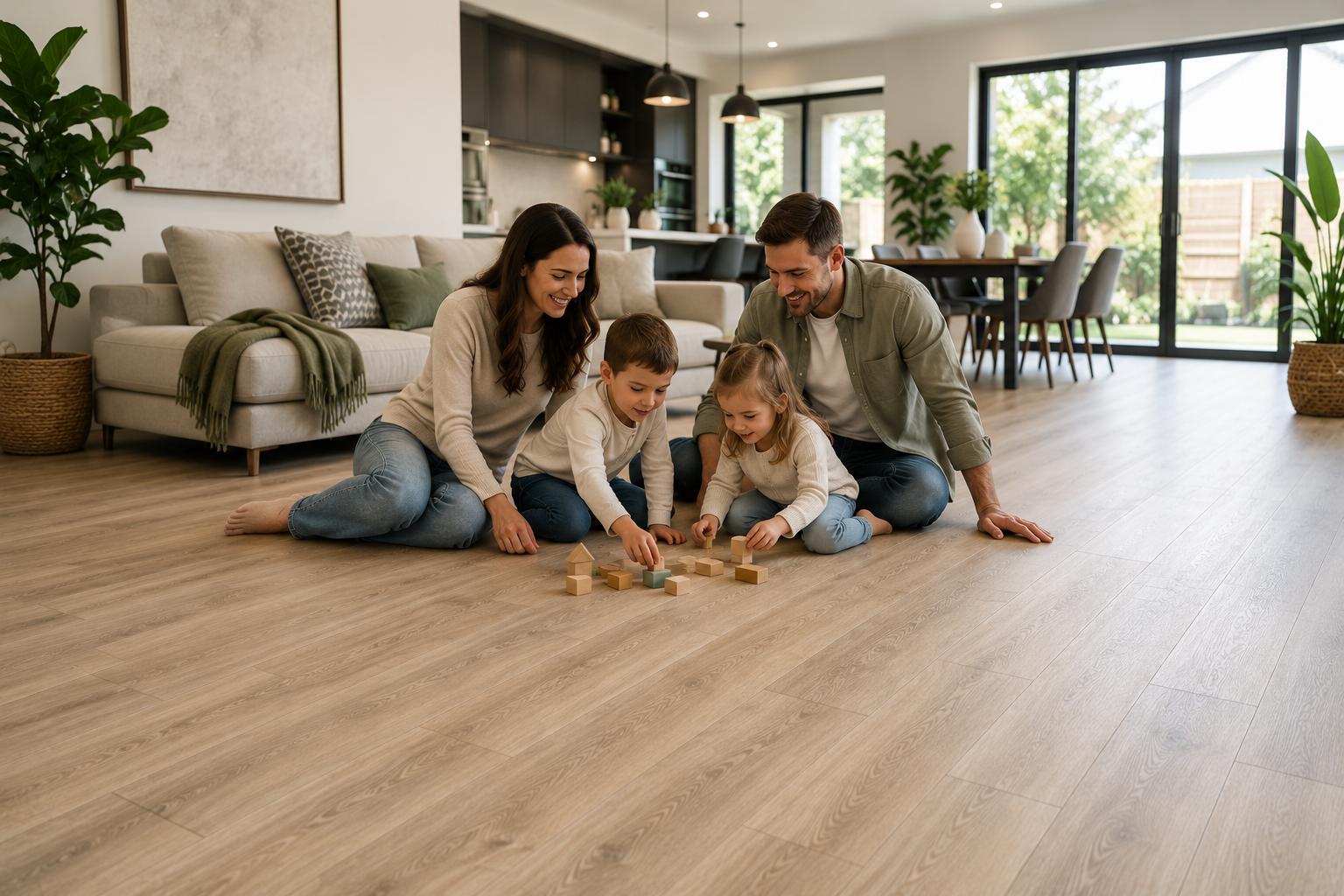 Family enjoying modern vinyl flooring in a bright open-plan Gauteng home