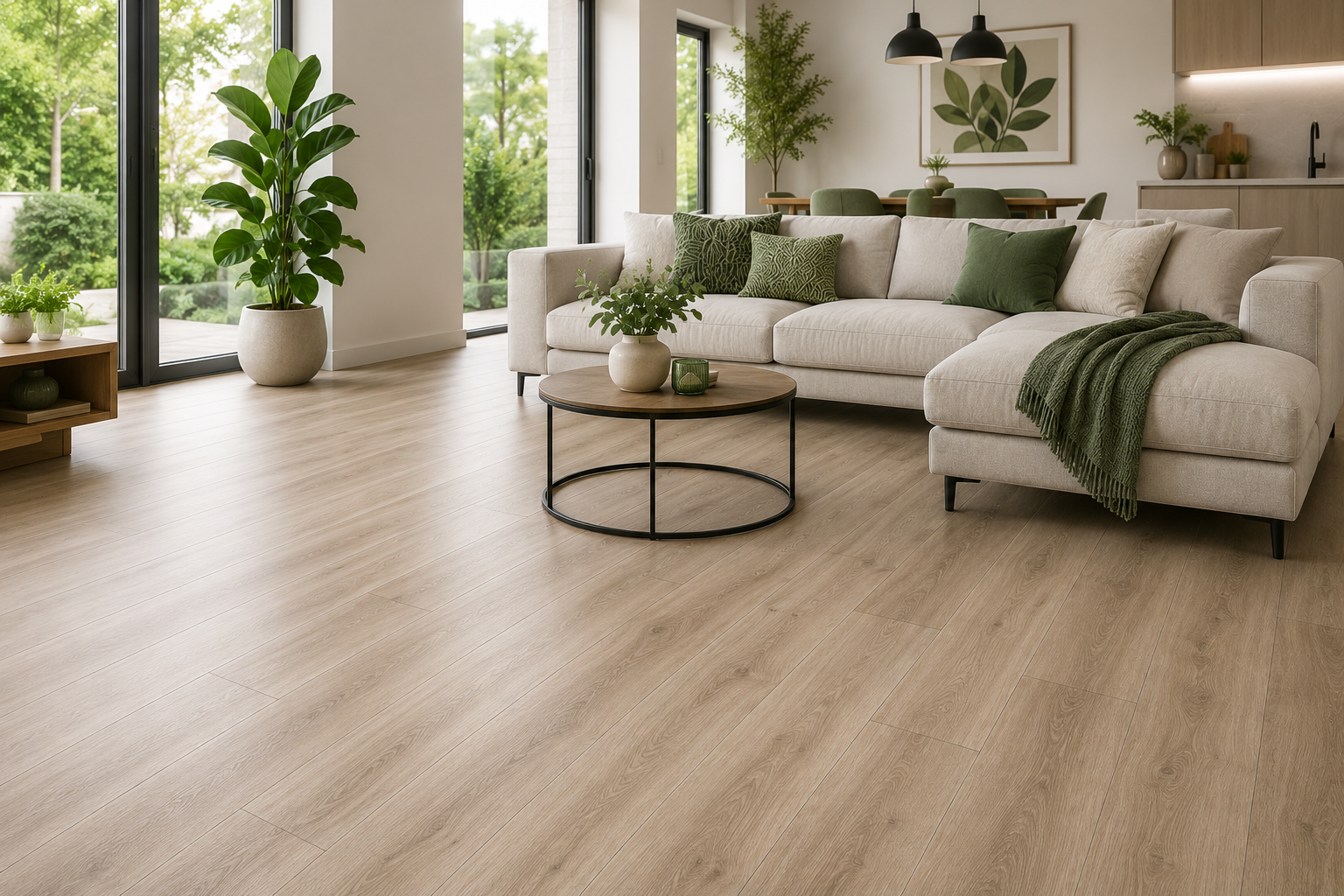 Modern open-plan living room with stylish light wood vinyl flooring, contemporary furniture