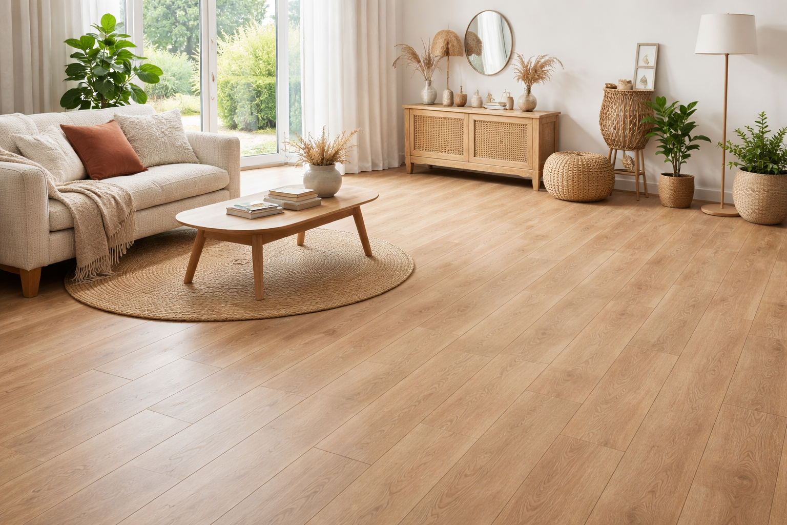 Modern living room with light oak laminate flooring, natural light