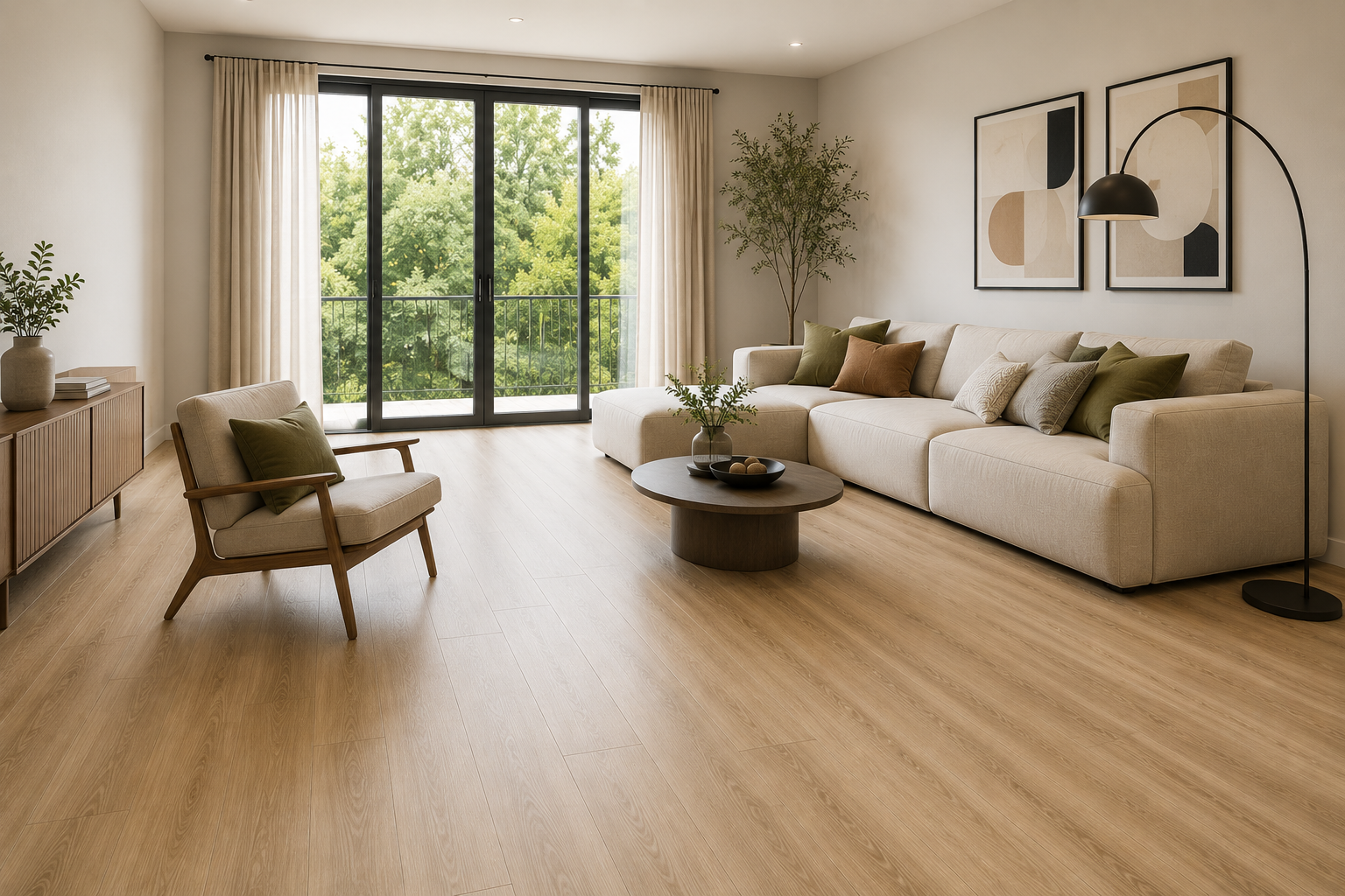 Modern living room with light wood vinyl flooring and contemporary furniture