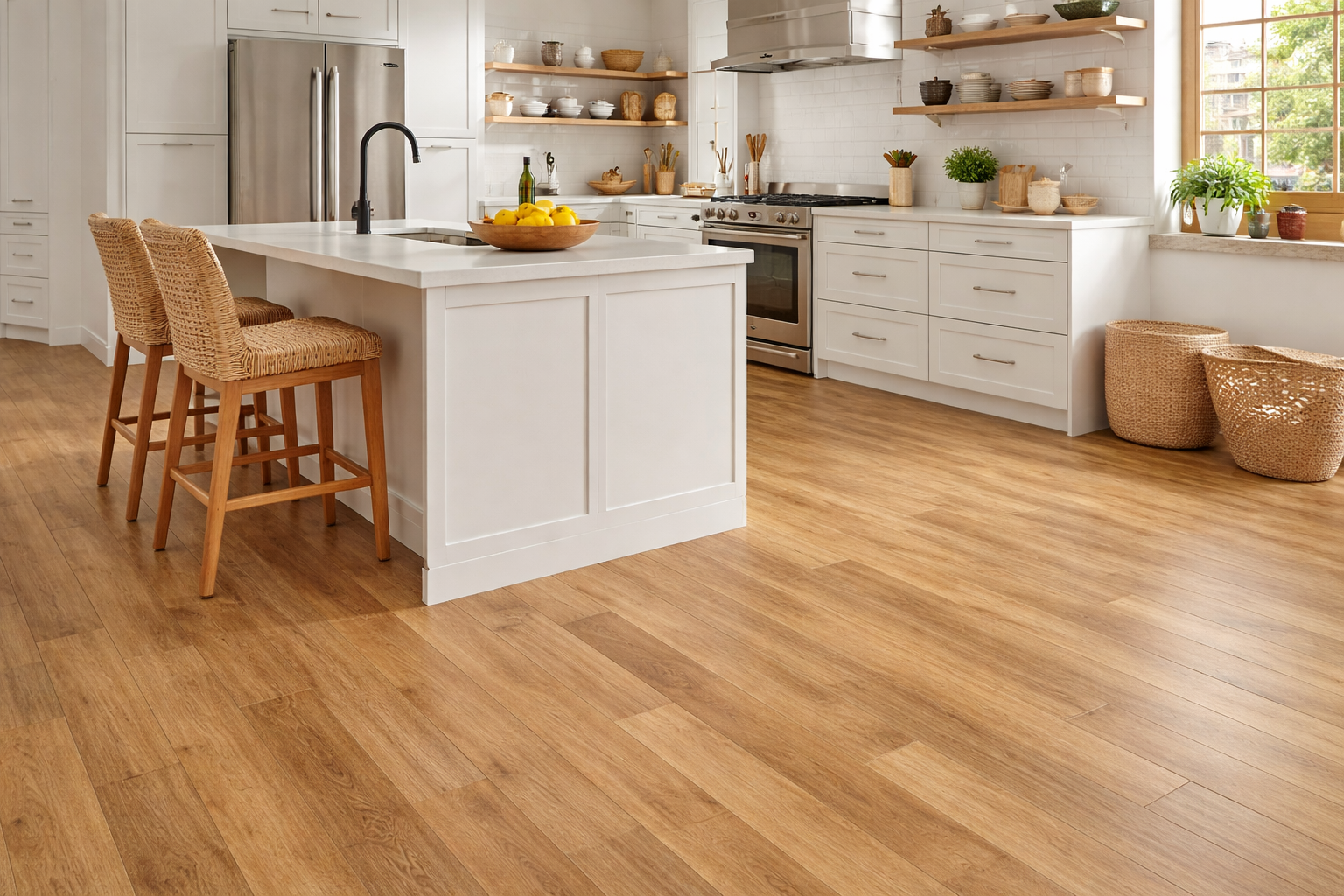 Modern kitchen with light oak vinyl flooring, white cabinets and island, durable & easy to maintain