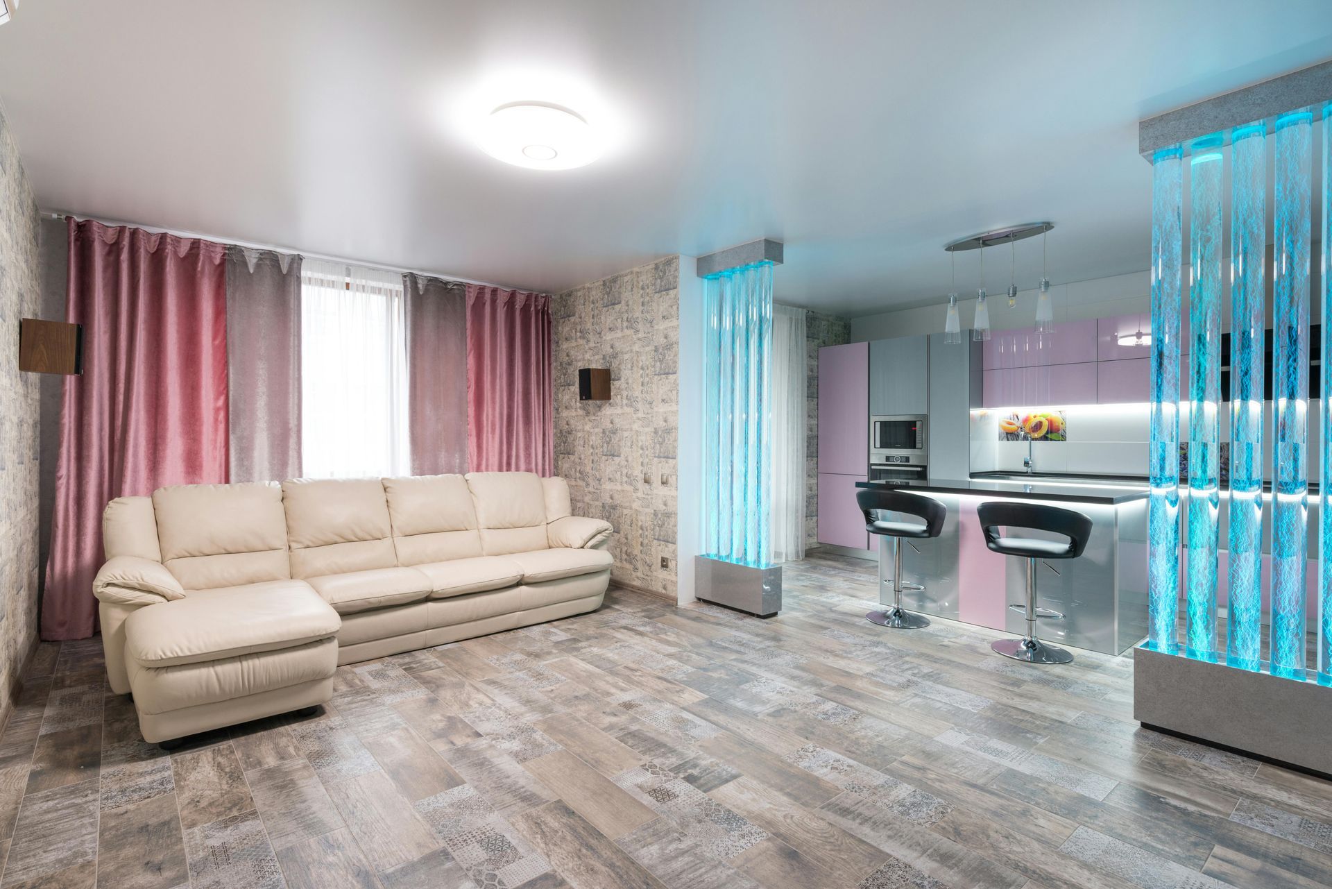 Laminate flooring with natural oak wood grain in a modern South African living room
