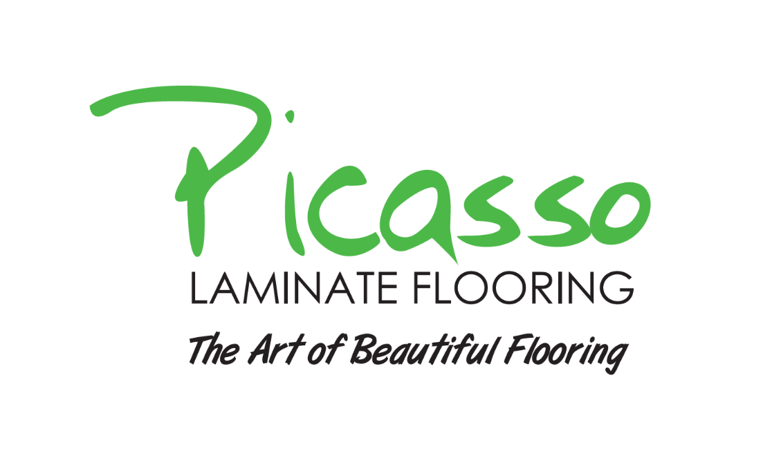 a logo for picasso laminate flooring , the art of beautiful flooring .