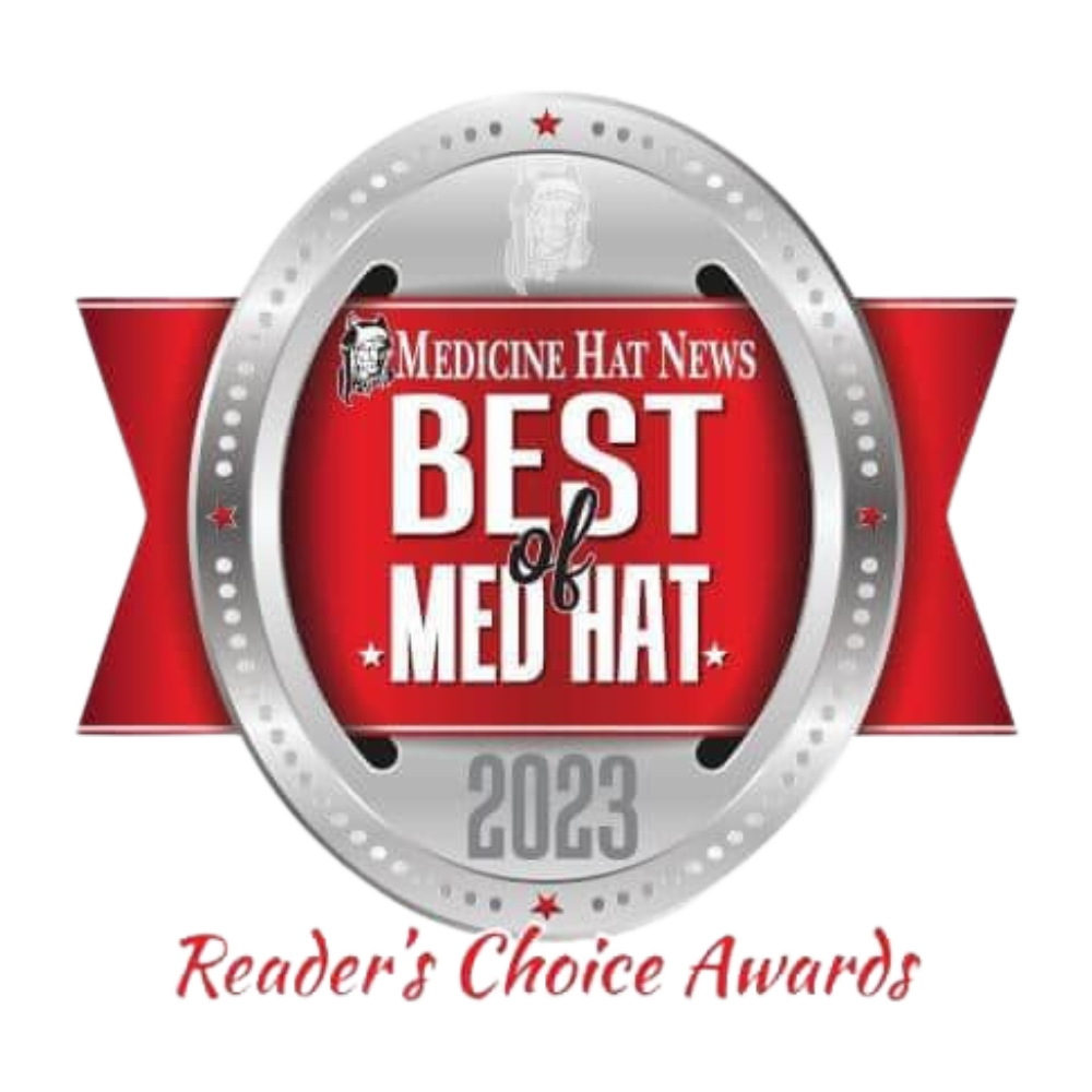 Medicine Hat News 2023 Best of Med Hat Reader's Choice Awards logo, featuring a silver oval badge on a red banner.