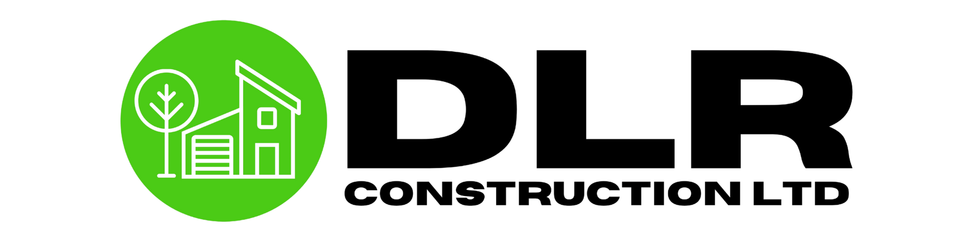 The DLR Construction Ltd logo featuring a green circle containing a white line drawing of a house and tree next to bold text.