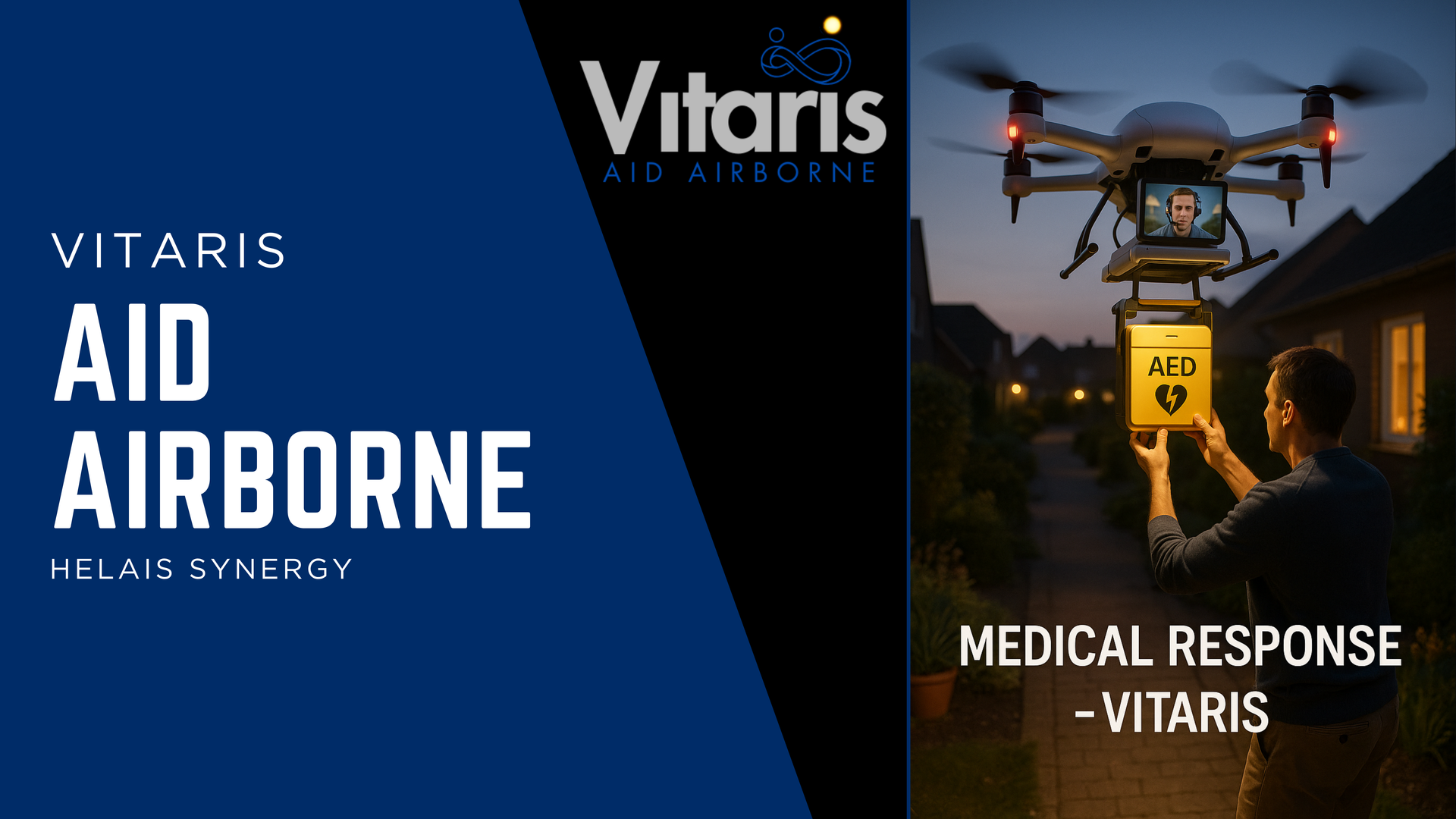 A man is holding a sign in front of a drone that says vitaris aid airborne