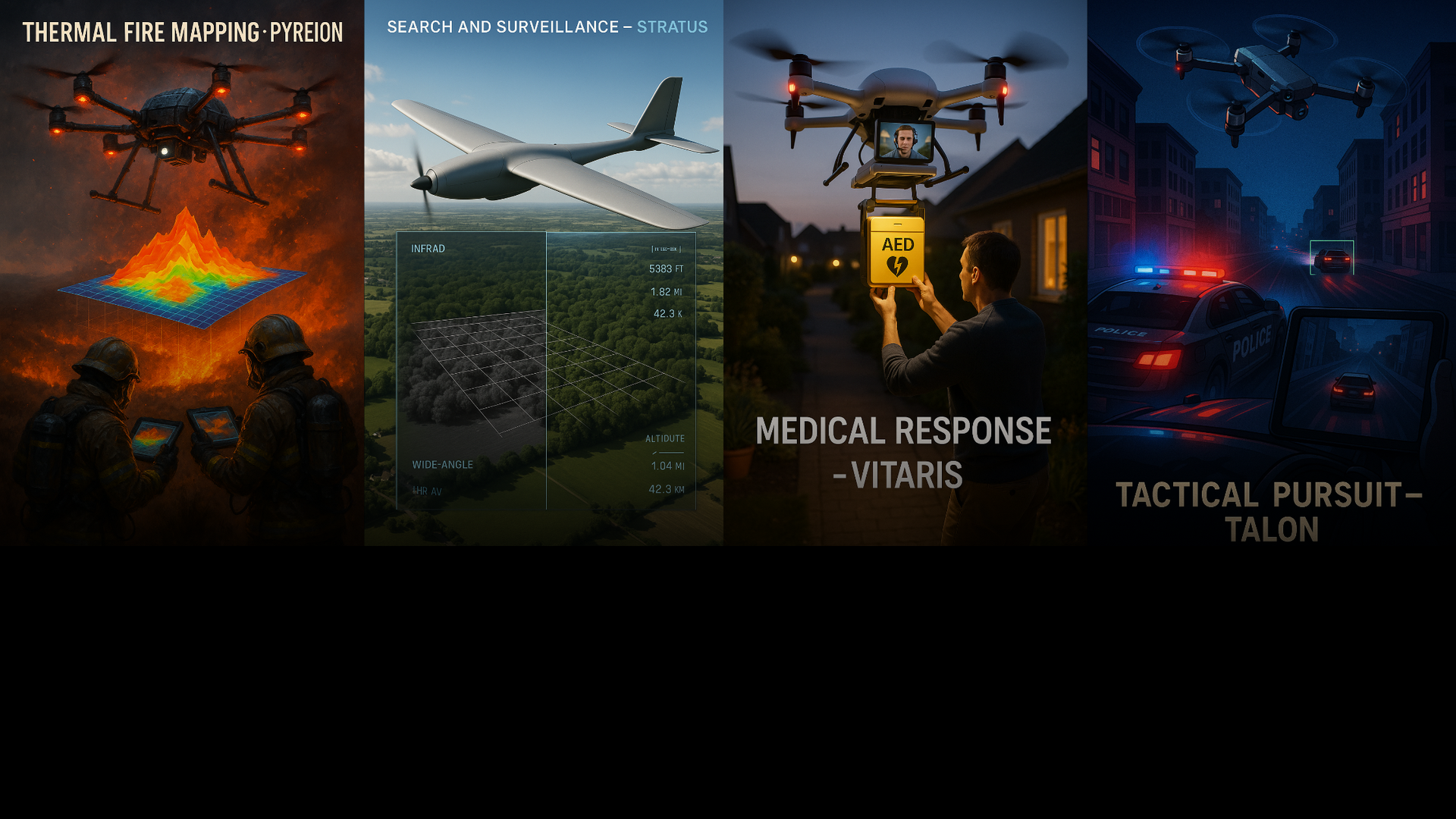 A collage of images of a drone , a plane , a person holding a box and a police car.