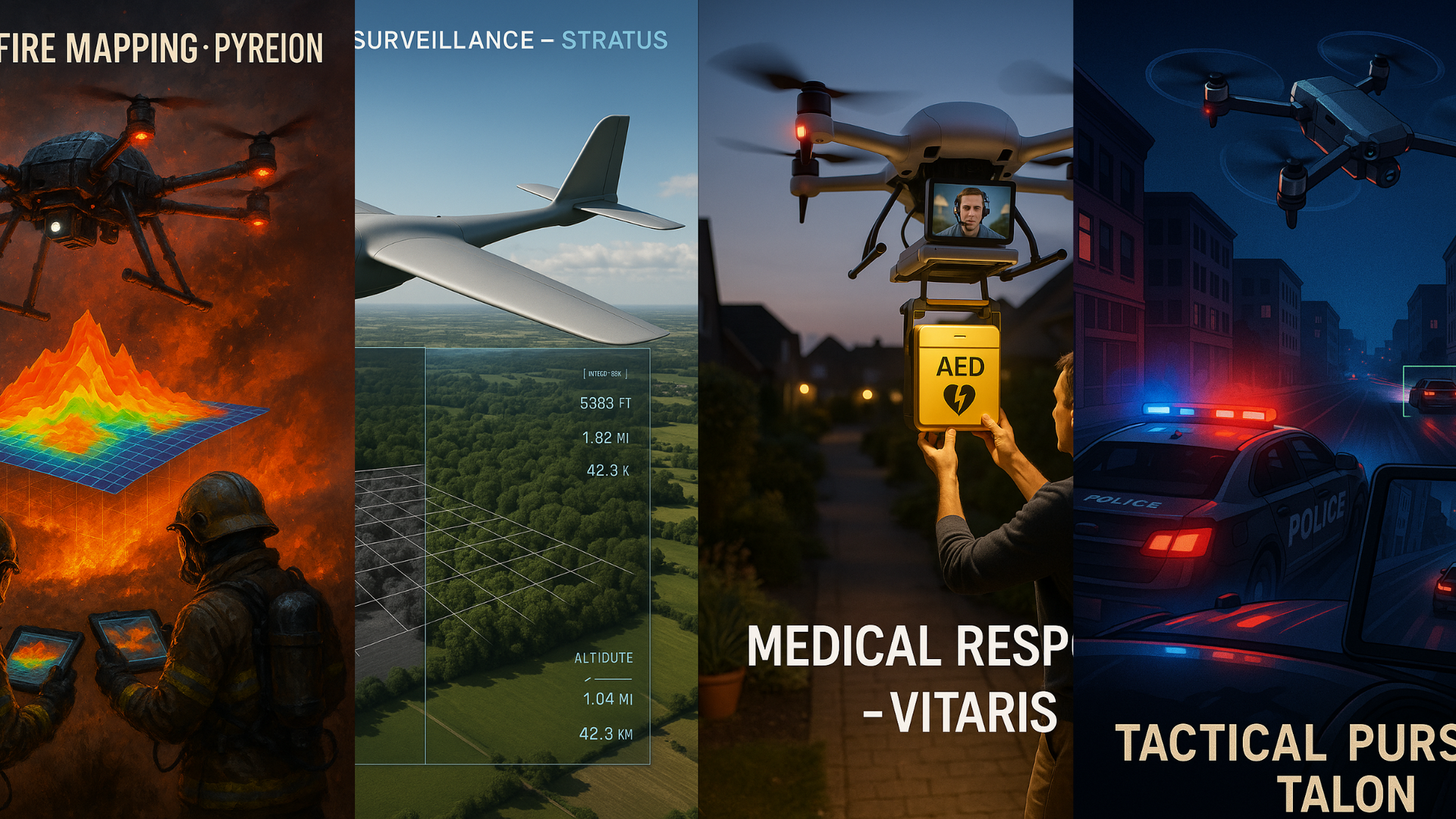 A collage of images of a drone , a plane , a person holding a box and a police car.