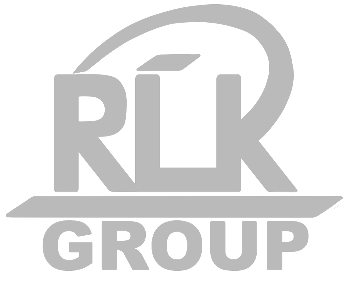 A gray logo for rlk group on a white background.