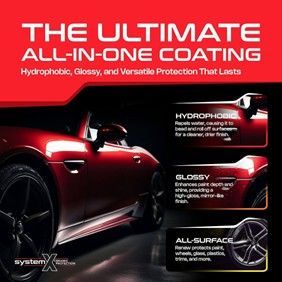 Red sports car with black wheels and System X ceramic protection logo.