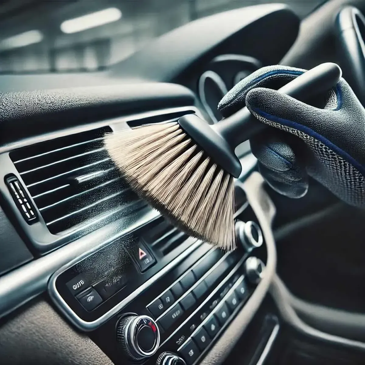 Hand in blue glove cleaning a car's dashboard vents with a brush.