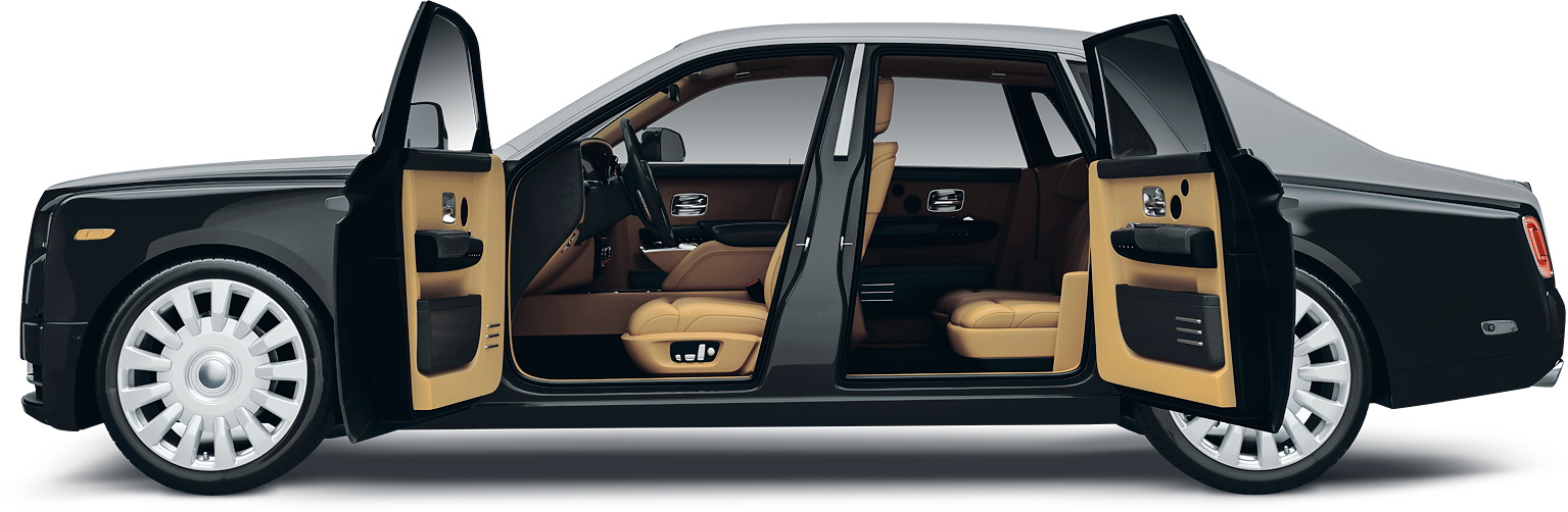 Black Rolls-Royce sedan with open doors; tan interior; silver wheels.