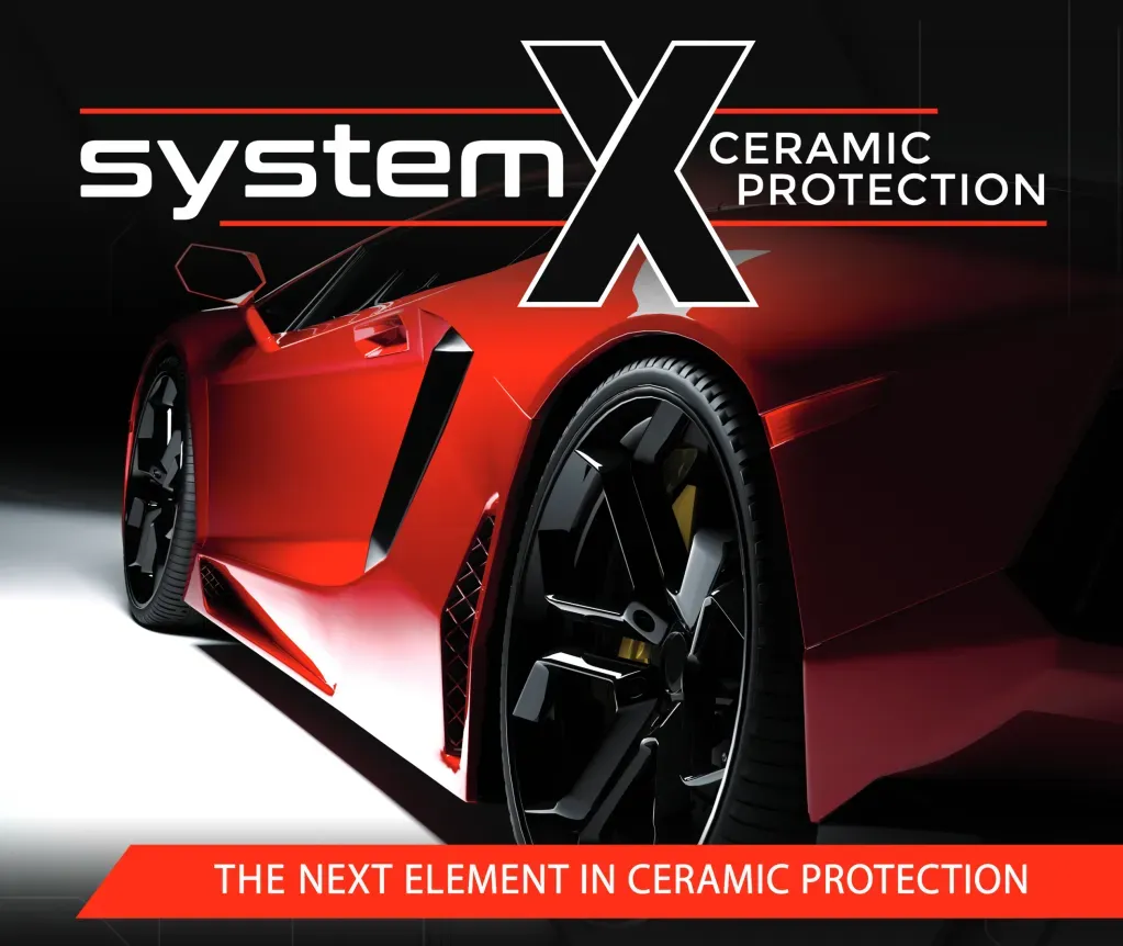 System X ceramic protection advertisement featuring a red sports car; bold white text.