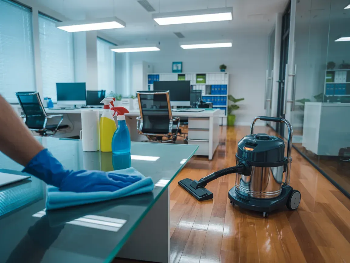 A person wearing a blue glove cleans a desk in an office with a vacuum cleaner nearby.