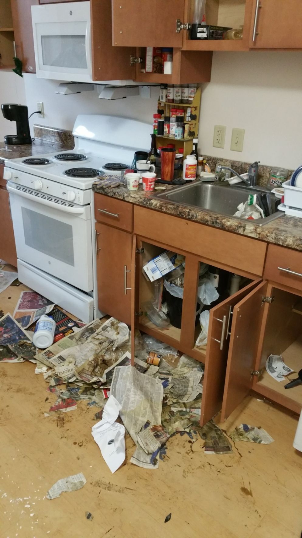 Kitchen with damaged cabinets, debris on the floor, and a damaged stove.