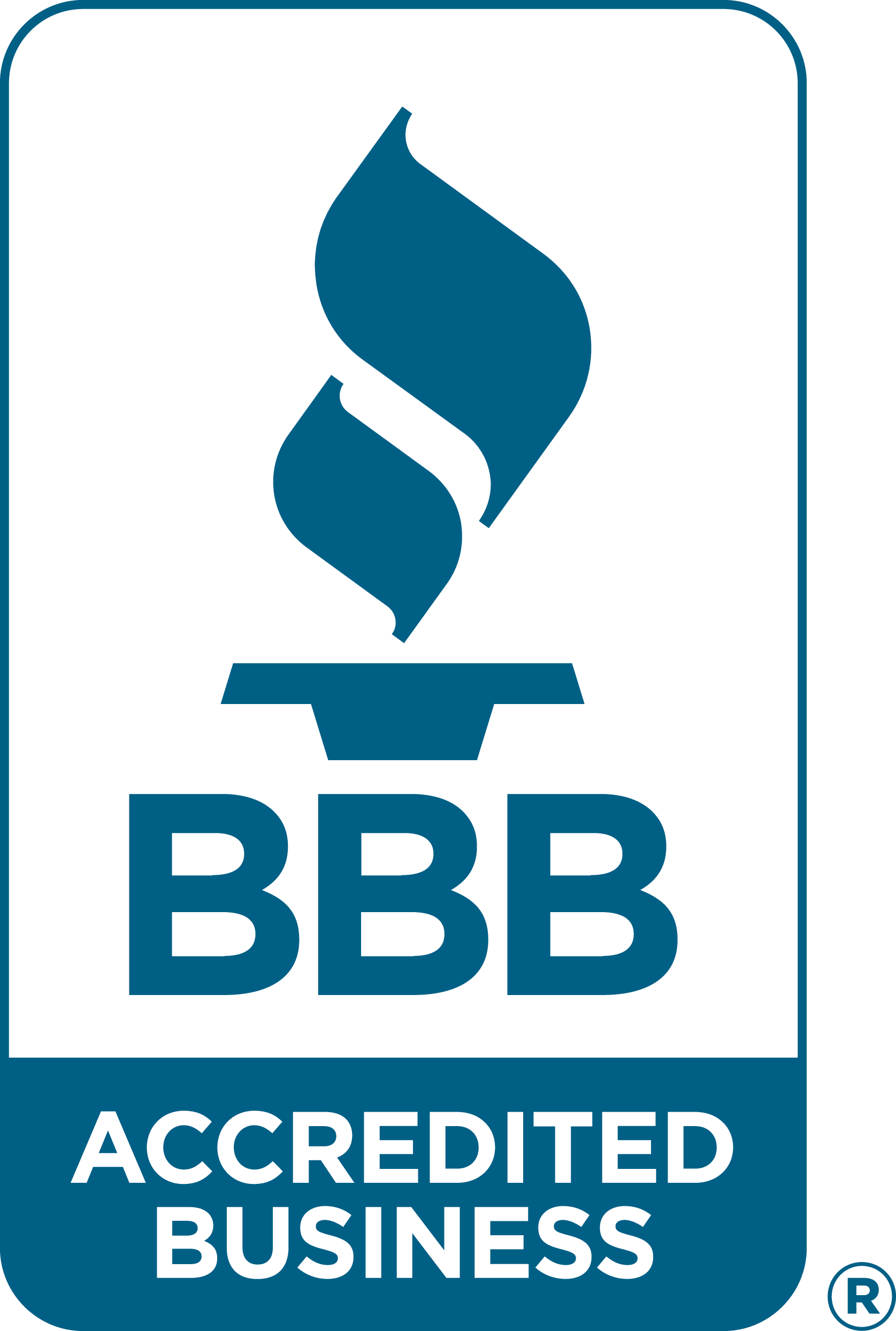 A blue Better Business Bureau (BBB) logo featuring a stylized torch and the text 