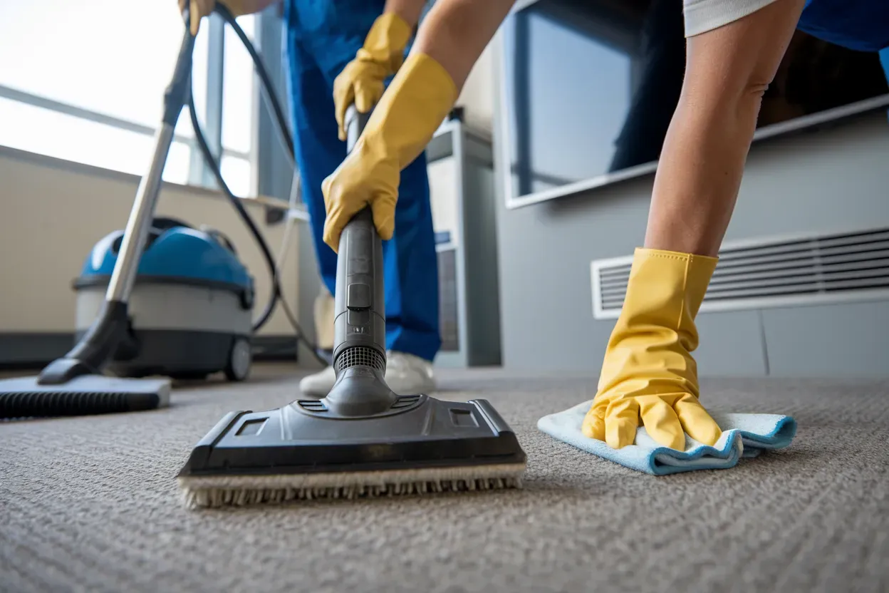 A woman is cleaning the floor with a vacuum cleaner and a mop.