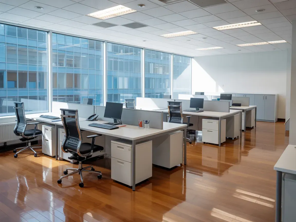 Empty office with desks, chairs, computers, filing cabinets, and large windows with a city view.