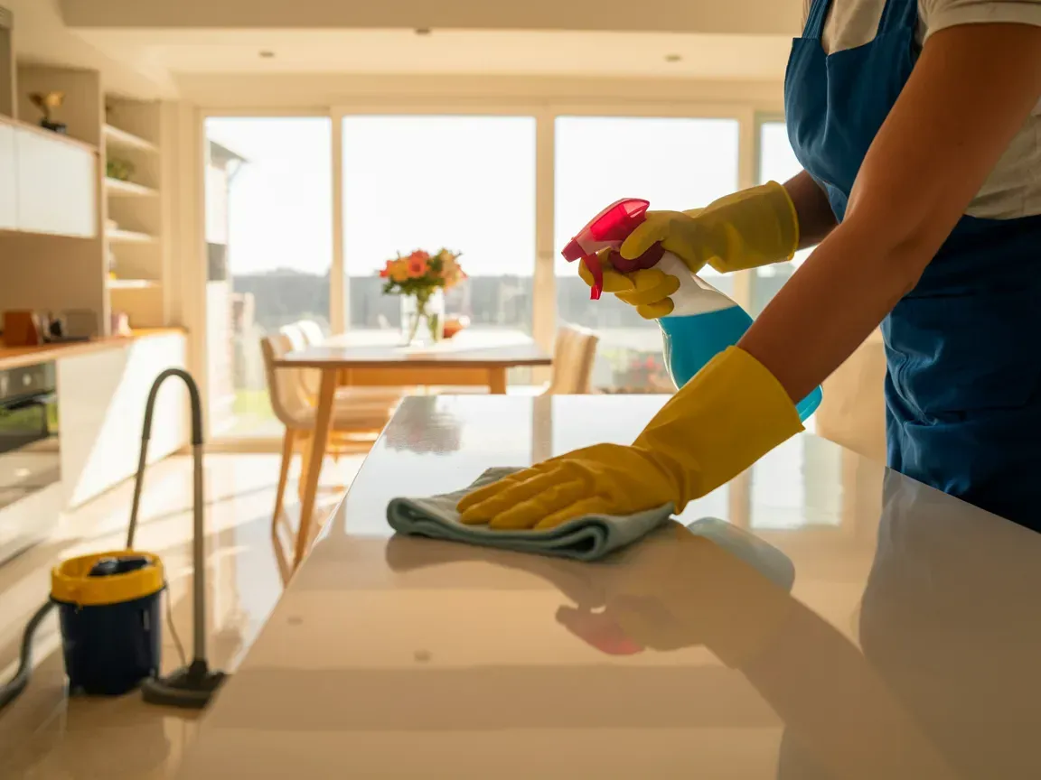 Person wearing yellow gloves and blue apron, wiping a countertop with a cloth and spray bottle in a kitchen.