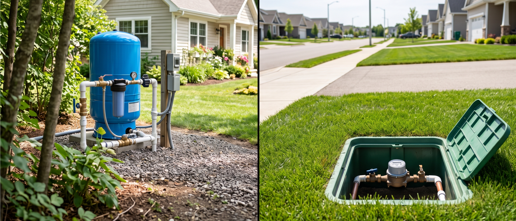 Blue utility meter and green irrigation valve boxes in a suburban lawn by houses and sidewalk.
