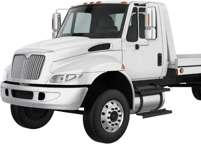 White flatbed tow truck with chrome grille and side mirrors.