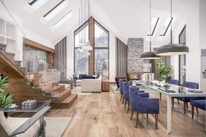 3D rendering of living room, kitchen and dining room and stair are combined in one area of chalet. The interior is decorated with wood and natural materials.