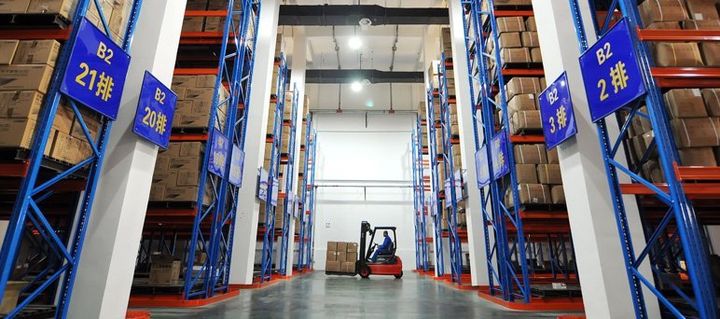 Forklift truck is logistics warehouse