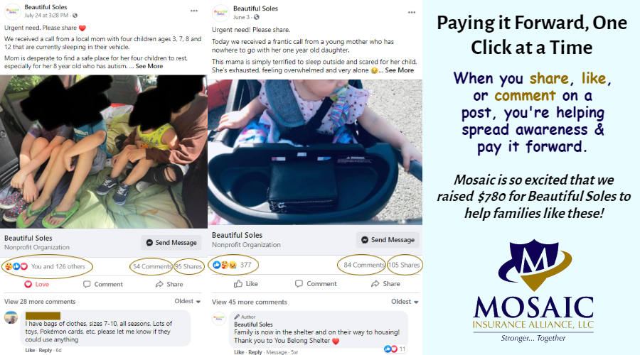 A collage of facebook posts about paying it forward one click at a time