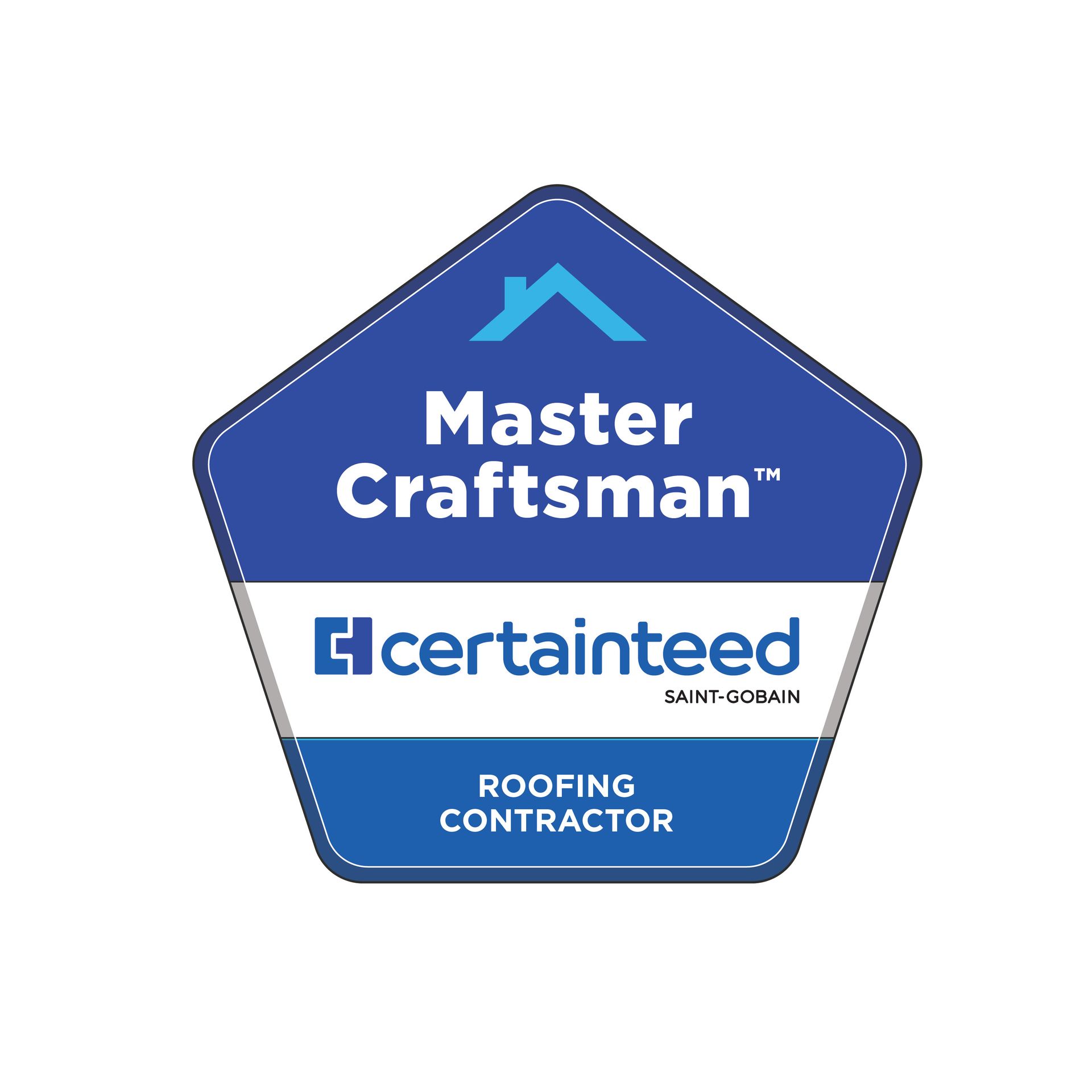 Blue pentagon badge: CertainTeed Master Craftsman Roofing Contractor.